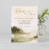 エレガント中性水色ソフトランドスケープ結婚ズ 箔招待状 (立ち正面)