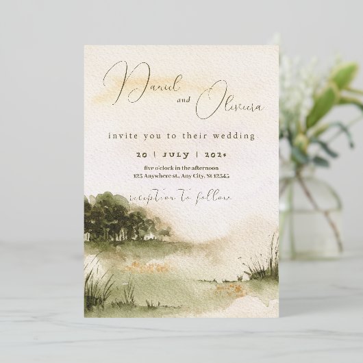 エレガント中性水色ソフトランドスケープ結婚ズ 箔招待状 (立ち正面)