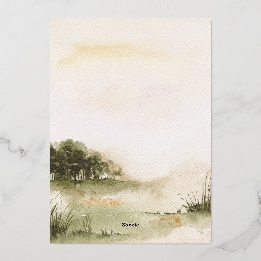 エレガント中性水色ソフトランドスケープ結婚ズ 箔招待状 (裏面)