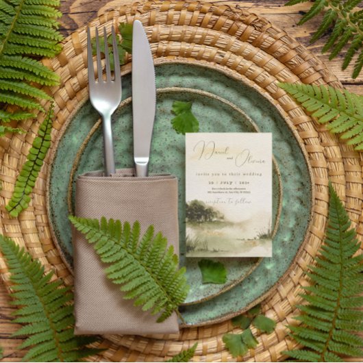 エレガント中性水色ソフトランドスケープ結婚ズ 箔招待状