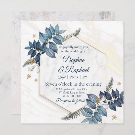 エレガント中性水色フローラ結婚 |金ゴールドF 招待状 (正面/裏面)