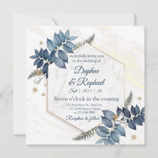 エレガント中性水色フローラ結婚 |金ゴールドF 招待状 (正面)