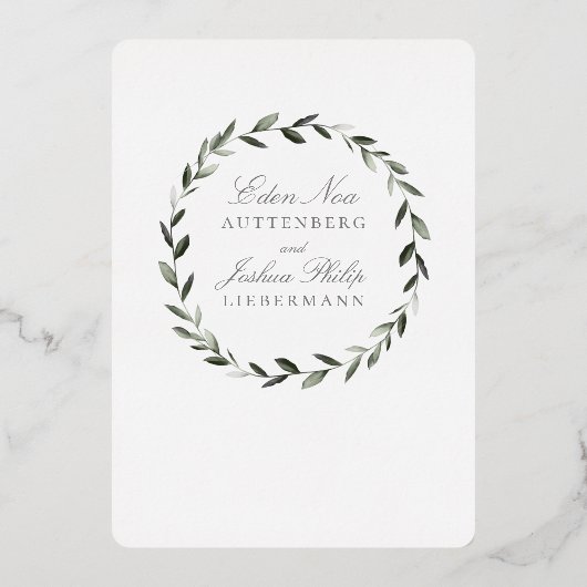 エレガント伝統的オリーブブランチリース金ゴールド 箔招待状 (裏面)