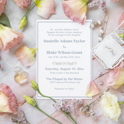 エレガント伝統的言葉ほこりっぽい青結婚白 招待状