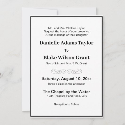 エレガント伝統的語の白黒結婚文字 招待状 (正面)