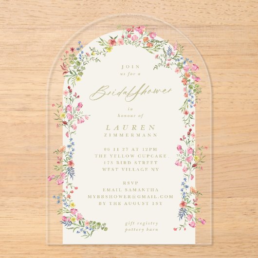 エレガント優美フローラアーチ春ブライダルシャワー アクリル招待状 (正面)
