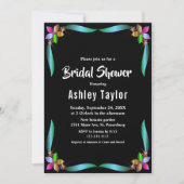 エレガント光沢のある黒モダンフローラブライダルシャワー 招待状 (正面)