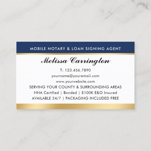 エレガント公証人ローン署名代理人金ゴールドネイビーブルー 名刺 (裏面)