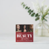 エレガント写真モダンポートフォリオ美しいサロン赤 スクエア名刺 (スタンド正面)