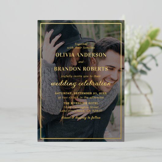 エレガント写真結婚の金箔招待状 箔招待状 (立ち正面)