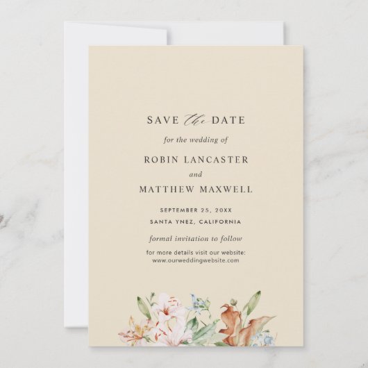 エレガント写真自然開花とベージュ結婚の セーブザデート (裏面)