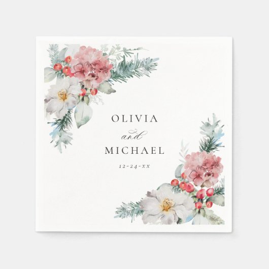 エレガント冬のクリスマスフローラ結婚ズ スタンダードカクテルナプキン (正面)