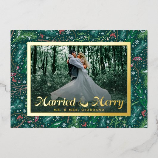 エレガント冬のフローラ結婚したと写真メリー 箔シーズンカード (正面)
