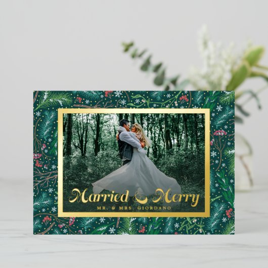 エレガント冬のフローラ結婚したと写真メリー 箔シーズンカード (立ち正面)