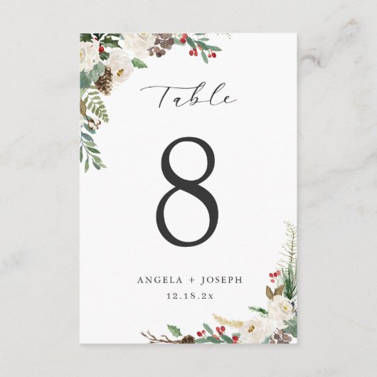 エレガント冬のフローラ結婚のテーブル番号カード 出欠カード (裏面)