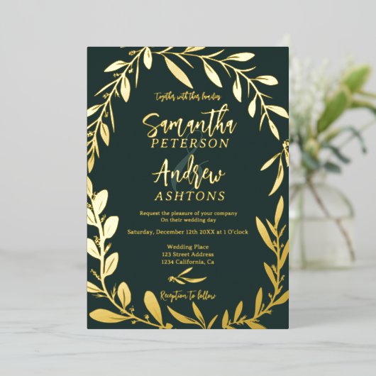 エレガント冬のワンダ結婚ランド緑の写真 箔招待状 (立ち正面)