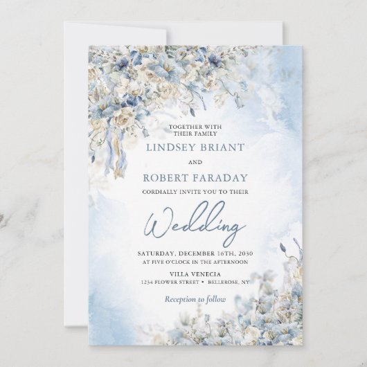 エレガント冬の埃っぽい青い花と白いバラ 招待状 (正面)