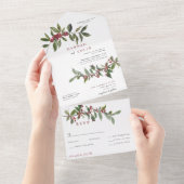 エレガント冬の果実の赤い緑の水色 オールインワン招待状 (貼ってはがせる)