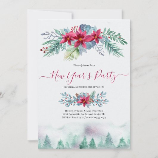 エレガント冬の森の新年のパーティー 招待状 (正面)