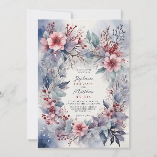 エレガント冬の水カラーフローラ結婚果実 招待状 (正面)