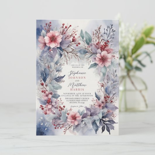 エレガント冬の水カラーフローラ結婚果実 招待状 (スタンド正面)