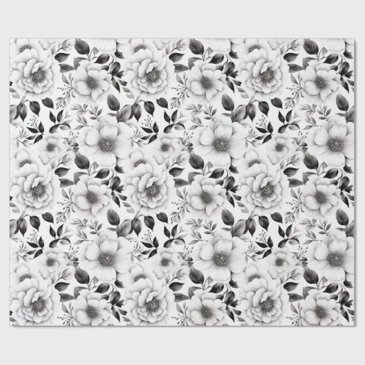 エレガント冬の白黒フローラ ラッピングペーパー (フラット)