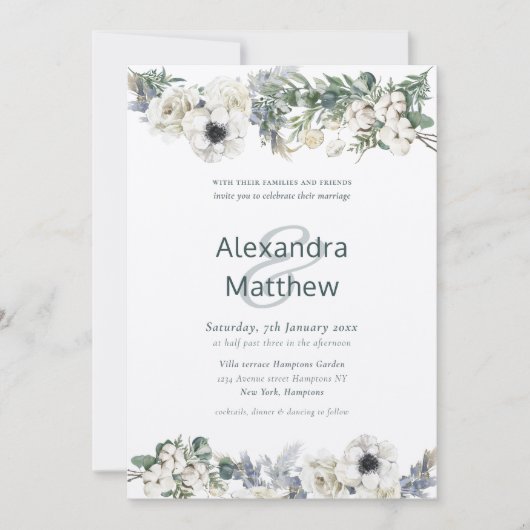 エレガント冬の素朴花結婚の 招待状 (正面)