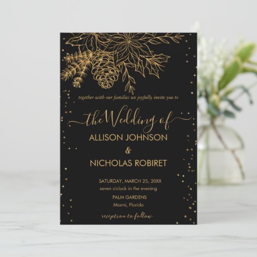 エレガント冬の結婚式フェイク金ゴールド招待状 招待状 (スタンド正面)