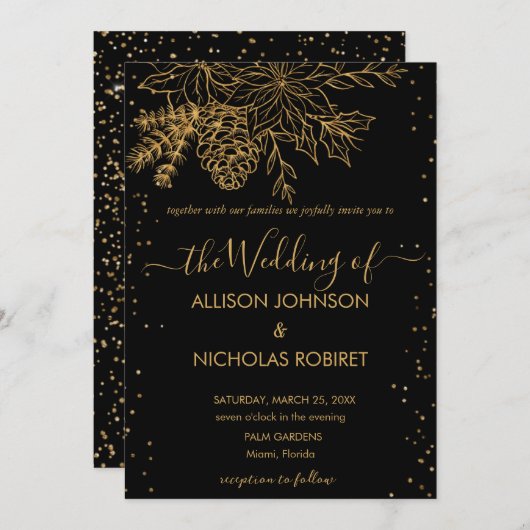 エレガント冬の結婚式フェイク金ゴールド招待状 招待状 (正面/裏面)