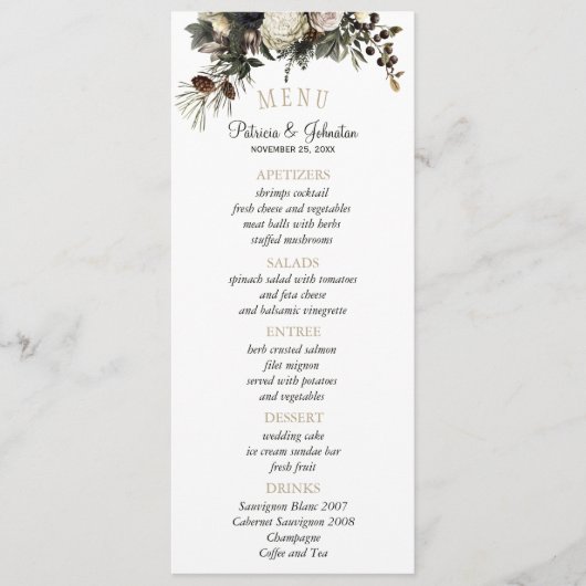 エレガント冬の緑のシックなフローラ結婚メニュー メニュー (正面)