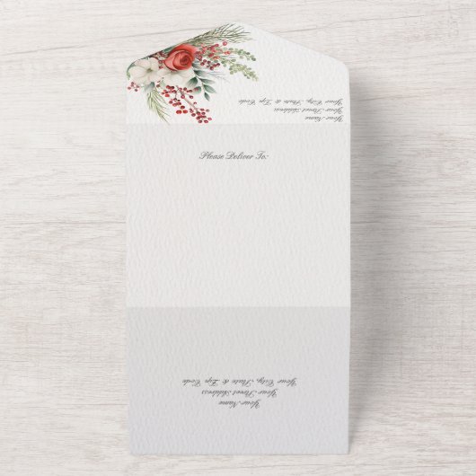 エレガント冬の花と果実と松 オールインワン招待状 (外側)