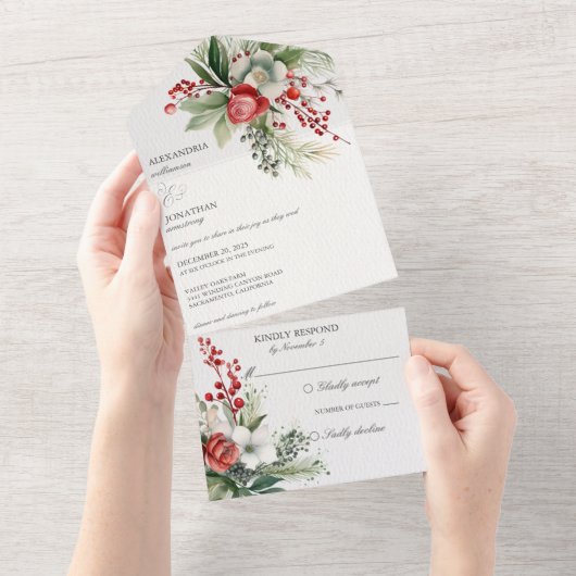エレガント冬の花と果実と松 オールインワン招待状 (貼ってはがせる)