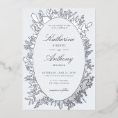 エレガント冬の葉のフレームほこりっぽい青結婚色 箔招待状 (正面)