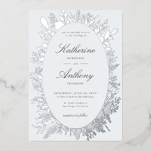 エレガント冬の葉のフレームほこりっぽい青結婚色 箔招待状 (正面)