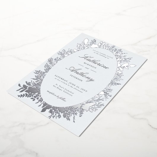 エレガント冬の葉のフレームほこりっぽい青結婚色 箔招待状 (回転した状態)