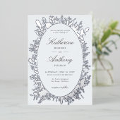 エレガント冬の葉のフレームほこりっぽい青結婚色 箔招待状 (立ち正面)