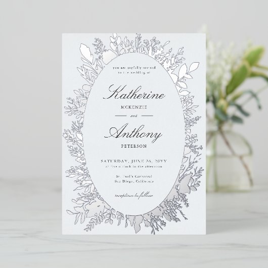 エレガント冬の葉のフレームほこりっぽい青結婚色 箔招待状 (立ち正面)