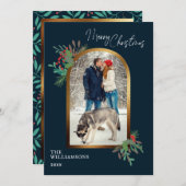 エレガント冬の葉カスタムのアーチ写真クリスマス シーズンカード (正面/裏面)