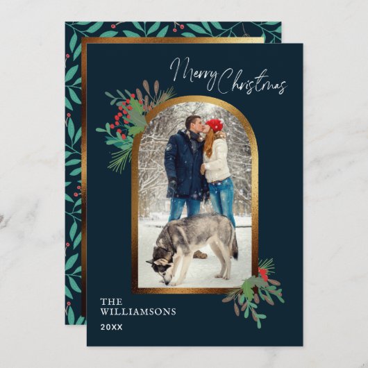 エレガント冬の葉カスタムのアーチ写真クリスマス シーズンカード (正面/裏面)