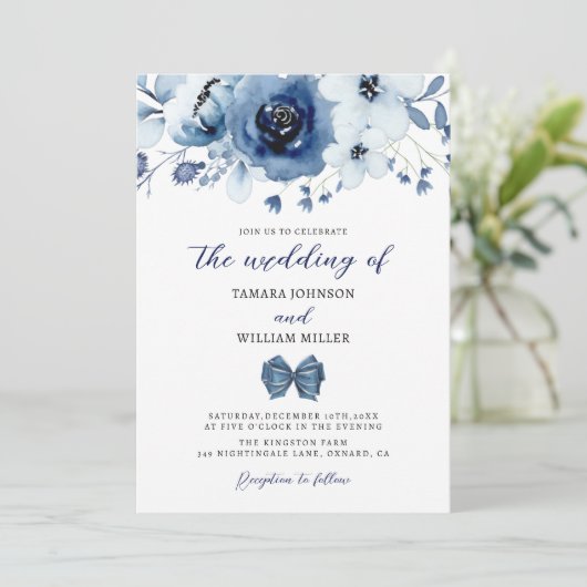 エレガント冬ダスティブルーフローラ結婚ズ 招待状 (スタンド正面)