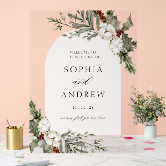 エレガント冬フローラアー結婚チへようこそ アクリルサイン (ウェディング)