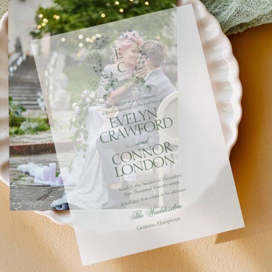 エレガント冬フローラク結婚スト ベラム紙招待状