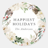 エレガント冬フローラリースパーソナライズされたホリデー ラウンドシール (正面)