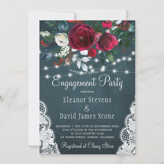 エレガント冬フローラ素朴婚約パーティ 招待状 (正面)