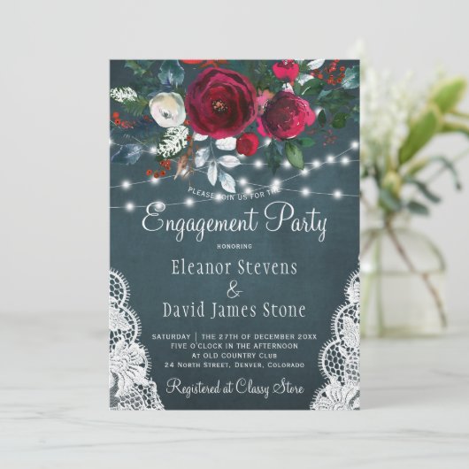 エレガント冬フローラ素朴婚約パーティ 招待状 (スタンド正面)