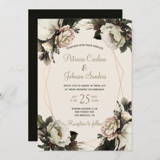 エレガント冬フローラ金ゴールド幾何結婚的 招待状 (正面/裏面)
