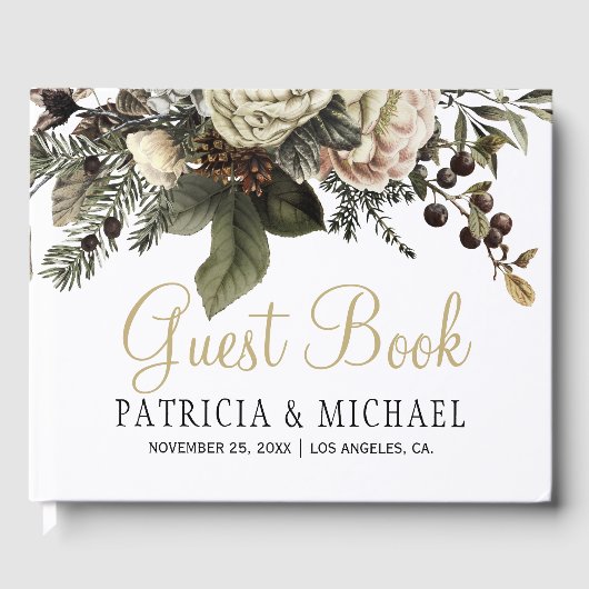 エレガント冬フローラ金ゴールド結婚タイポグラフィ ゲストブック (正面)