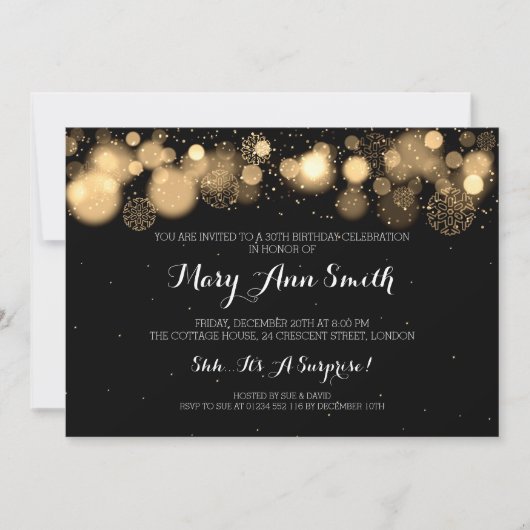 エレガント冬30歳の誕生日パーティー金ゴールド 招待状 (正面)