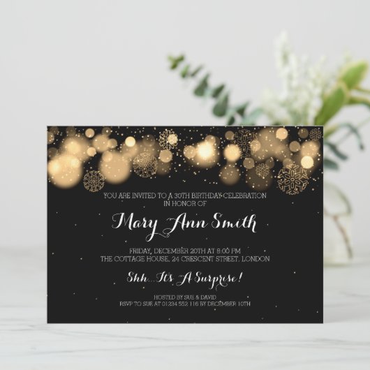 エレガント冬30歳の誕生日パーティー金ゴールド 招待状 (スタンド正面)