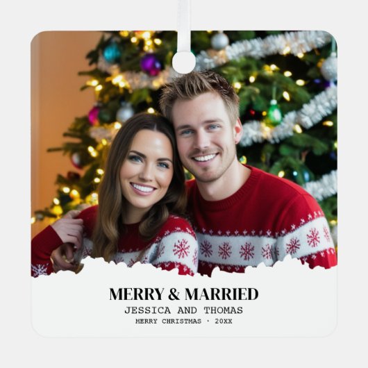 エレガント初めてのクリスマスメリーと写結婚した真 メタルオーナメント (正面)